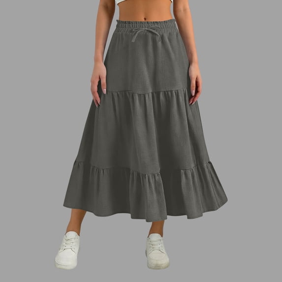 Women's Long Maxi Skirt 2026 Boho Flowy Flared Ruffle Skirts Beach Vacation Spring Going Out Outfits Gray L