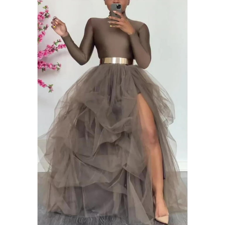 Women s Long Maxi Tulle Tutu Skirt High Waist Layered Ruffle Mesh
