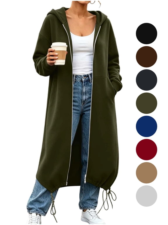 Women's Long Maxi Zip Up Hoodie Two-Way Zipper Oversized Sweatshirt Coat with Drawstring Hem