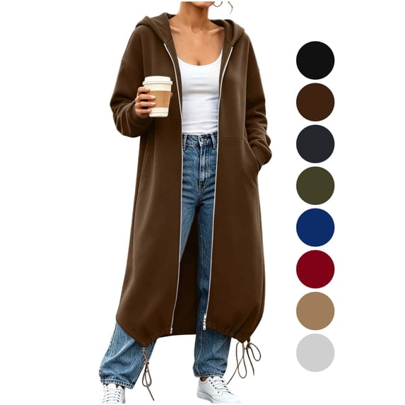 Women's Long Maxi Zip Up Hoodie Two-Way Zipper Oversized Sweatshirt Coat with Drawstring Hem