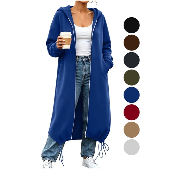 Women's Long Maxi Zip Up Hoodie Two-Way Zipper Oversized Sweatshirt Coat with Drawstring Hem