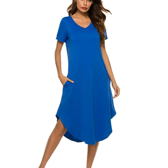 Women's Long Nightdress Sleepwear V Neck Ankle-Length Nightgown With 2 Pockets Short Sleeve Sleep Shirt Soft Casual Loose Pajamas Nightshirt Plus Size Loungewear, Blue S-3XL