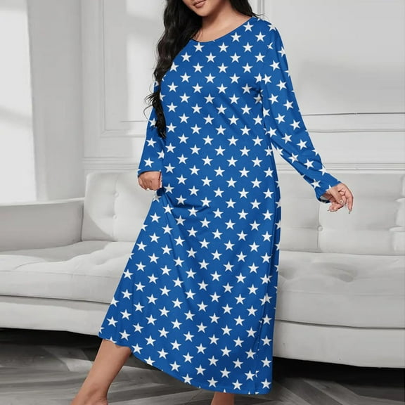 Women's Long Nightgown Cotton Baggy Nightdress Plus Size Nightshirt Long Sleeve V Neck Sleep Dress Casual Sleepwear Blue XL
