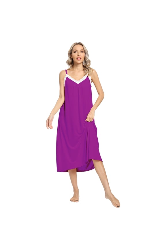 Women's Long Nightgown Full Slip Sleepwear Sleeveless Nightshirt Loose Lace Chemise Plus Size Lounge Dress S-2XL