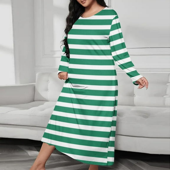 Women's Long Nightgown Nighties Stripes Nightdress Nightshirts Long Sleeve Soft Cotton Sleep Dress Home Wear Pajamas Army Green L