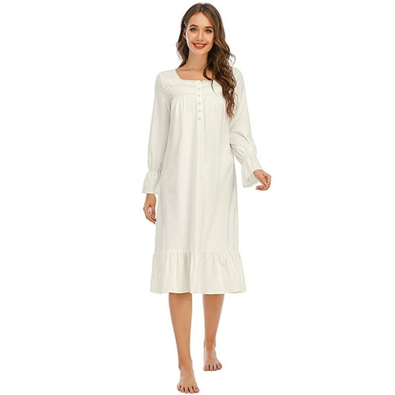 Women's Long Nightgown Victorian Nightwear, Vintage Long Sleeve Pajama Dress Flare Trim Soft Loungewear,Button up Square Neck Elegant Akcle Length Nightdress White Sleepwear,S-XXL