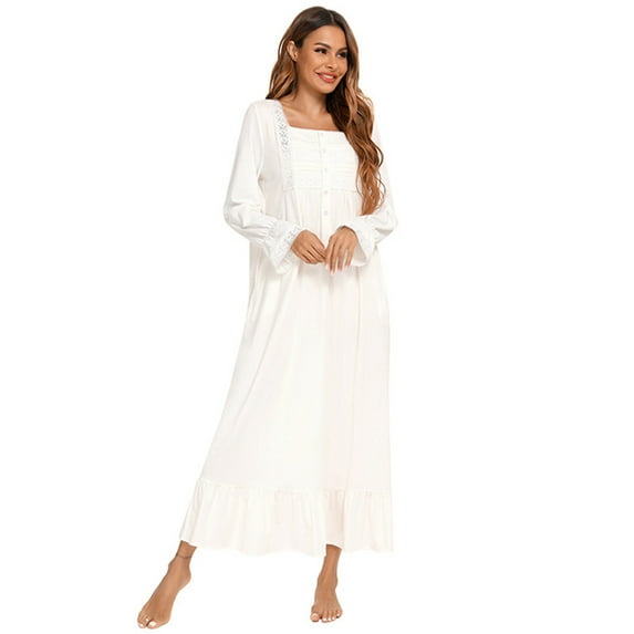 Women's Long Nightgown Victorian Nightwear, Vintage Long Sleeve Pajama Dress Flare Trim Soft Loungewear,Button up Square Neck Elegant Akcle Length Nightdress White Sleepwear,S-XXL