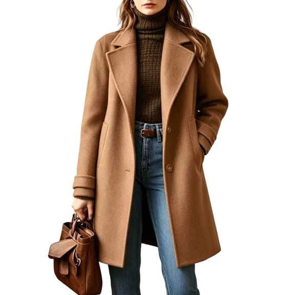 Women's Long Notch Lapel Coat Single Breasted Slim Fit Overcoat