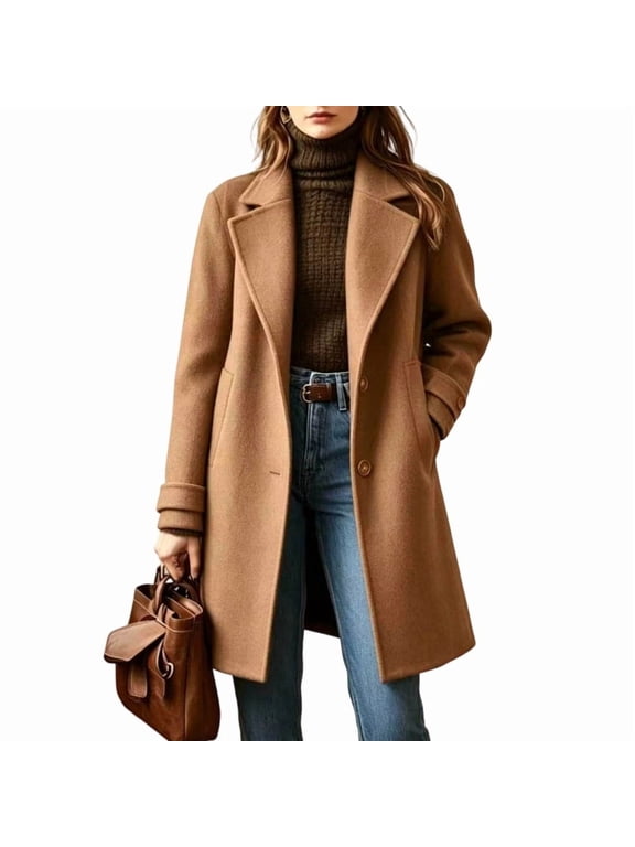Women's Long Notch Lapel Coat Single Breasted Slim Fit Overcoat