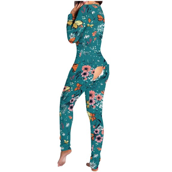 Women's Long One Piece Pajamas with Drop Seat Butt Flap - Full Zip Up Onesies Jumpsuit Sleepwear