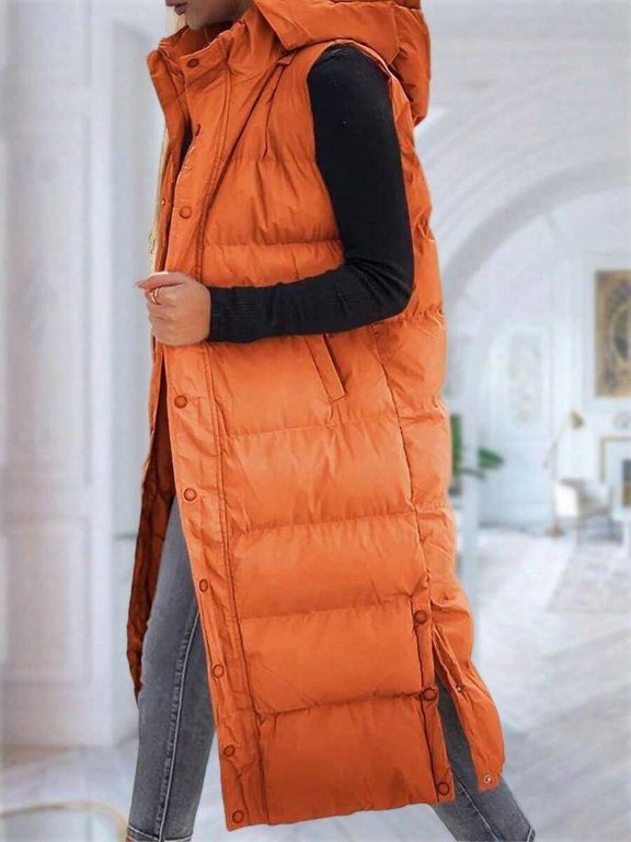Women's Long Orange Quilted Puffer Vest Sleeveless Hooded Down Gilet Warm Lightweight Winter Coat Casual Zipper Snap Button Daily Outwear,1,Orange