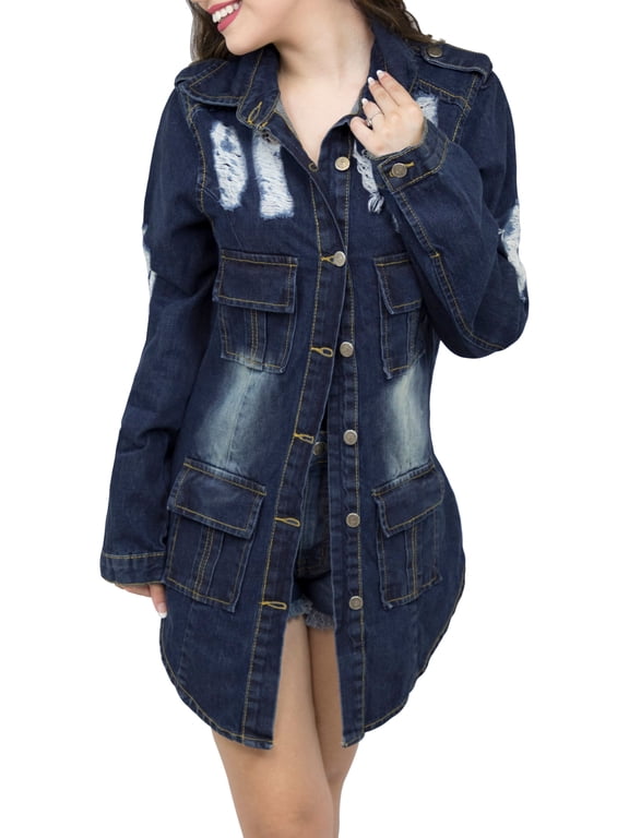 Women's Long Oversized Distressed Denim Jacket, Button Up Flap Pocket Jean Duster Coat Dark Blue 3XL