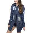 thumbnail image 1 of Women's Long Oversized Distressed Denim Jacket, Button Up Flap Pocket Jean Duster Coat Light Blue XXL, 1 of 2