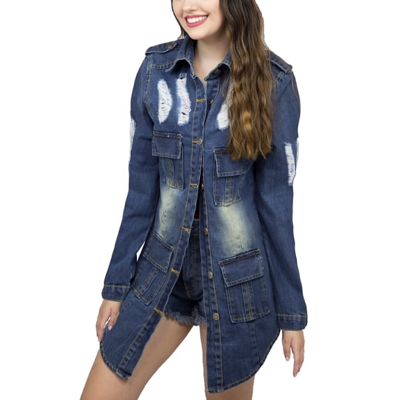 Women's Long Oversized Distressed Denim Jacket, Button Up Flap Pocket Jean Duster Coat Light Blue XXL