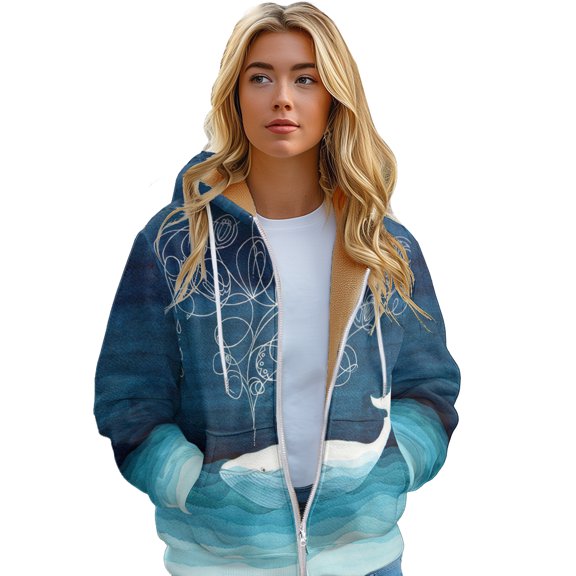 Women's Long Padded Hoodie winters Whale Colour Print Cardigan Coat sizes XS-6XL