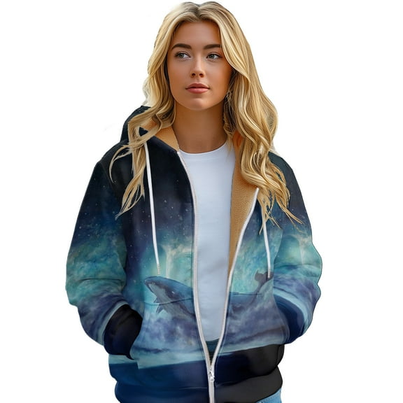 Women's Long Padded Hoodie winters Whale Colour Print Cardigan Coat sizes XS-6XL