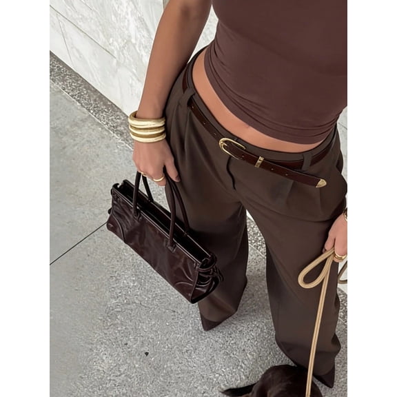 Women's Long Pants, Dress Pants, Commuter Outfit Women's Wide Leg Long Pants, Elegant Fashion Commuter Elegant Office Outfit, With Belt, Pocket Details, Autumn Outfit Long Pants