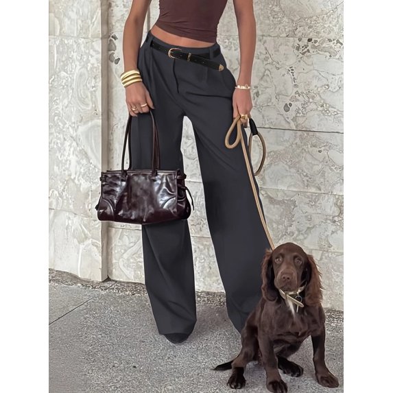 Women's Long Pants, Dress Pants, Commuter Outfit Women's Wide Leg Long Pants, Elegant Fashion Commuter Elegant Office Outfit, With Belt, Pocket Details, Autumn Outfit Brown Long Pants