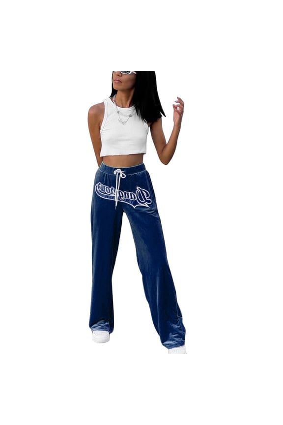 Women's Long Pants Mid Waisted Hip Wrap Casual Loose Wide Leg Trouser for Office Date Work Daily Dark Blue M