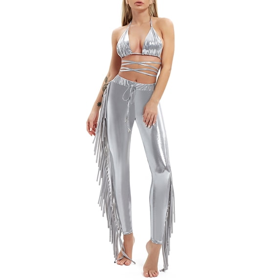 Women's Long Pants Outfits, Solid Color Halter Bandage Bra Tops + Tassel Decor Pants Shining Set
