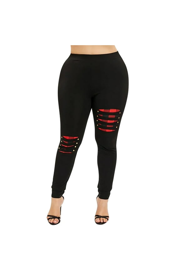 Women's Long Pants Plus Size Women Plus Size Trousers 2024 Fashion Ripped Beading Plaid Panel Elastic Waist Casual Leggings Pants for Party Prom