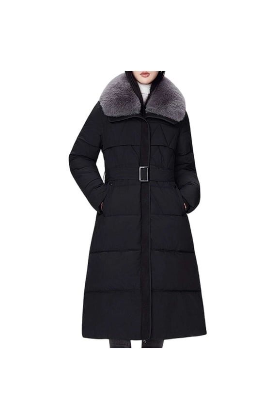 Women's Long Parka Coat, Winter Thick Cotton Padded Maxi Jackets with Pockets, Warm Outwear Overcoat with Belt Black M