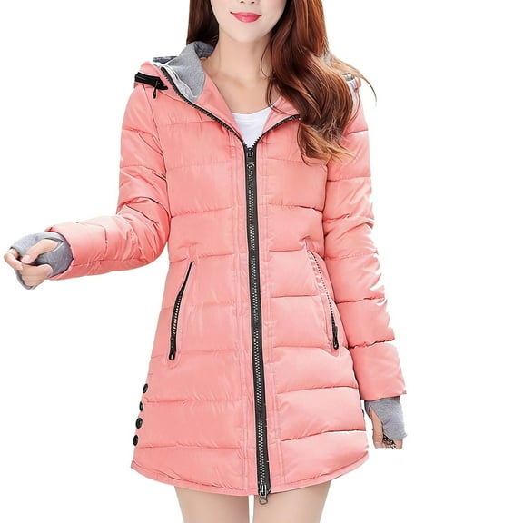 Women's Long Parka Jacket Casual Warm Thick Full Zip Hooded Helena Puffer Coat Long Sleeve Stretch Parka Winter Outfit (L, Pink)