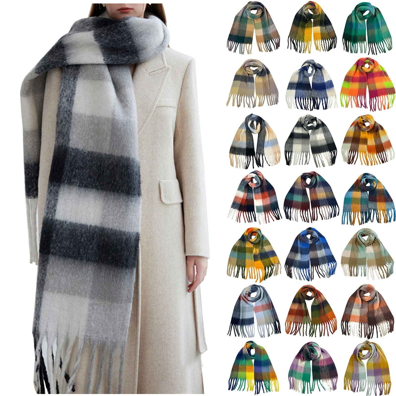 Women's Long Plaid Blanket Scarf Chunky Oversized Winter Fall Warm Big ...