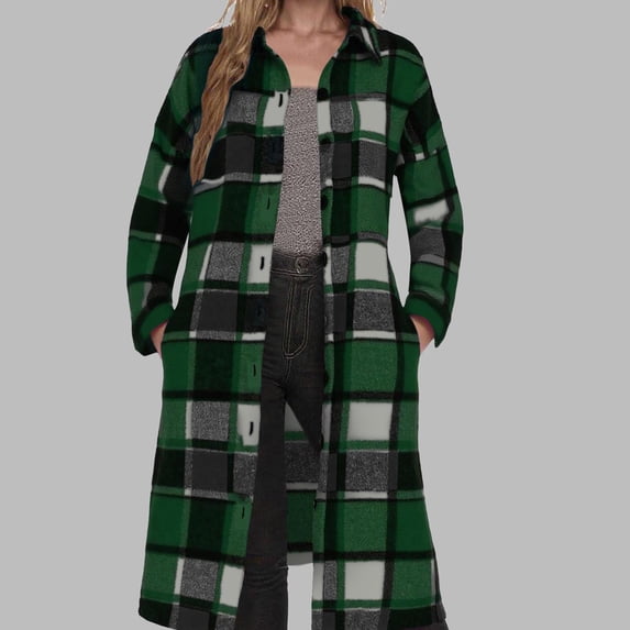 Women's Long Plaid Flannel Shirts Shacket Plus Size Long Sleeve Oversized Button Shirt Fall Spring Trench Coat with Pockets Green L