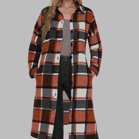 Women's Long Plaid Flannel Shirts Shacket Plus Size Long Sleeve Oversized Button Shirt Fall Spring Trench Coat with Pockets Orange L