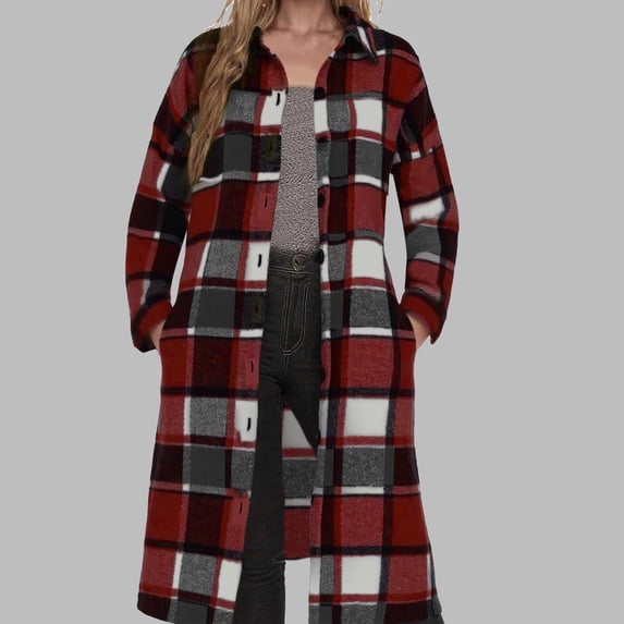 Women's Long Plaid Flannel Shirts Shacket Plus Size Long Sleeve Oversized Button Shirt Fall Spring Trench Coat with Pockets Wine M
