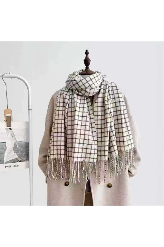 Women's Long Plaid Scarf Wrap, Two Way Wear Shawl and Scarf, Thickened Warm Winter Wrap, Oversized Plaid Scarf, Bohemian Style Fashion Scarf, Autumn Winter Accessory - White