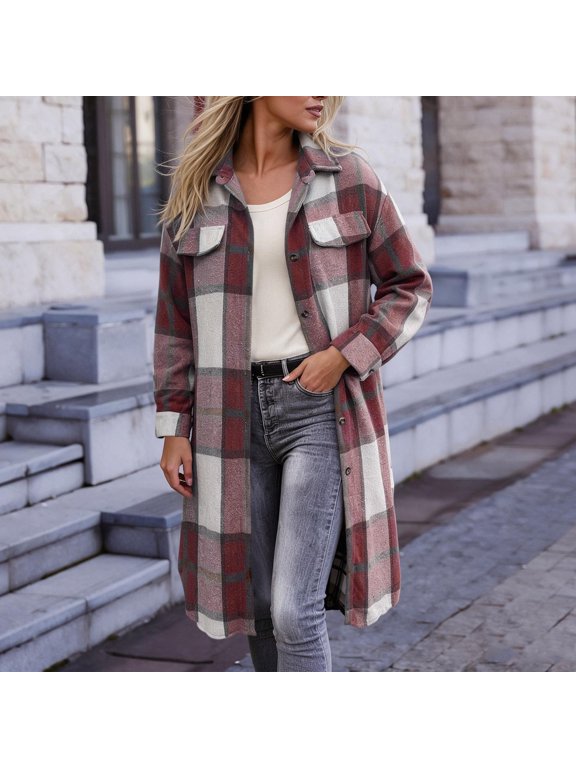 Women's Long Plaid Shacket Button Down Flannel Shirt Jacket with Chest Pockets Oversized Warm Fall Winter Casual Outerwear
