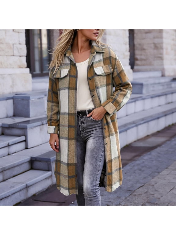 Women's Long Plaid Shacket Button Down Flannel Shirt Jacket with Chest Pockets Oversized Warm Fall Winter Casual Outerwear
