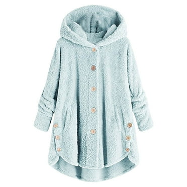 Women's Long Plush Coat Oversize Cozy Warm Button Hooded Coat Loose Warm Cardigan Wool Long Winter Jacket Blue L