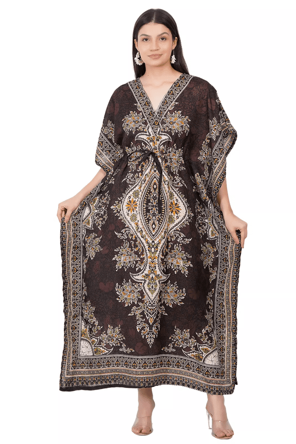 Womens Long Polyester Kaftan Maxi Dress Kimono Sleeve Tunic Top Cover Up, One Size Brown