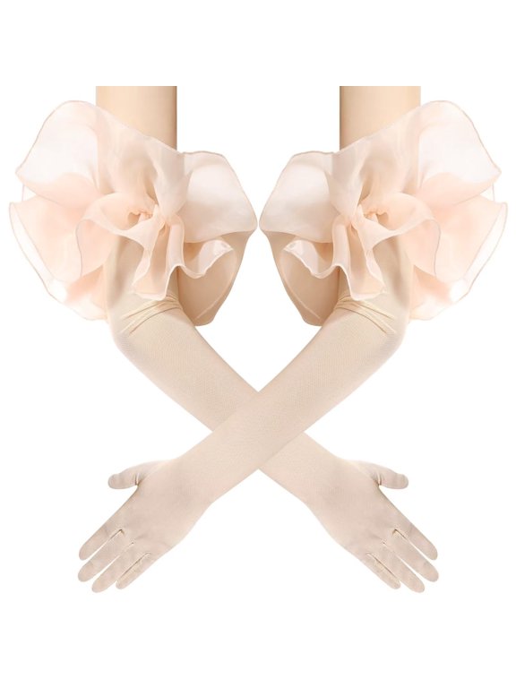 Women's Long Puff Sleeve Oversize Ruffle Cuff Sheer Gloves Tulle Mesh Gloves for Wedding Opera Party Costume