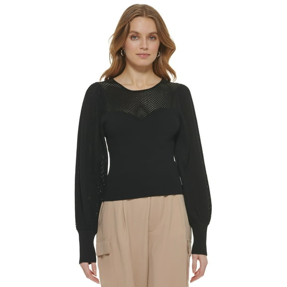 Women's Long-Puff-Sleeve Scoop-Neck Sheer-Detail Sweater Black XL