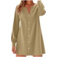 thumbnail image 1 of Women's Long Puff Sleeve V-Neck Dress Button Down Cotton-Linen Solid Casual Tunic Dress Loose Fit for Spring Summer Daily Wear, 1 of 5