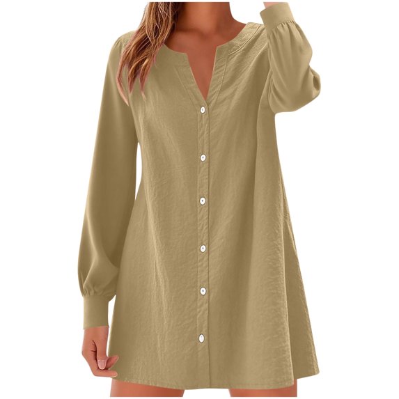 Women's Long Puff Sleeve V-Neck Dress Button Down Cotton-Linen Solid Casual Tunic Dress Loose Fit for Spring Summer Daily Wear