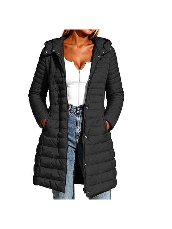 Women's Long Puffer Coat Hooded Zip Up Snap Button Lightweight Quilted Padded Jacket Mid-Length Outerwear with Pockets for Work Daily Wear Fall Winter