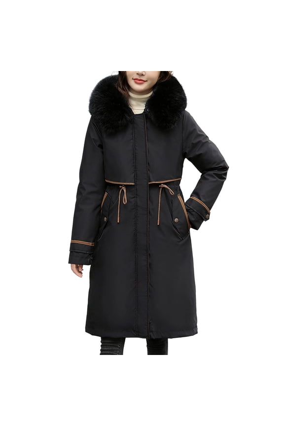 Women's Long Puffer Coat Warm Winter Quilted Jacket Full Zip Up Drawstring Coat Thickened Puffy Parka with Furry Hood