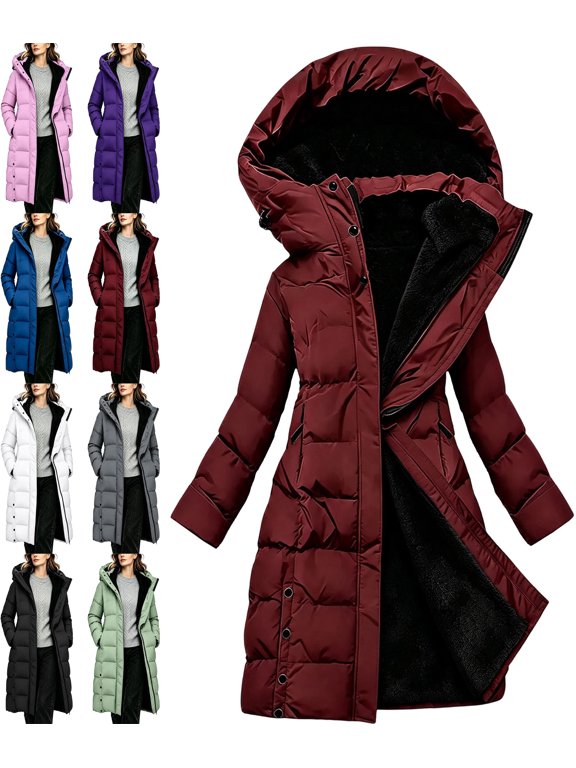 Padded Jacket for Women Long Hooded Thick Warm Slim Fit Winter Parka