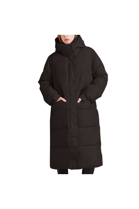 Women's Long Puffer Jacket Casual Full Zip Button Down Coat Quilted Hooded Thickened Warm Winter Padded Down Outerwear With Pockets