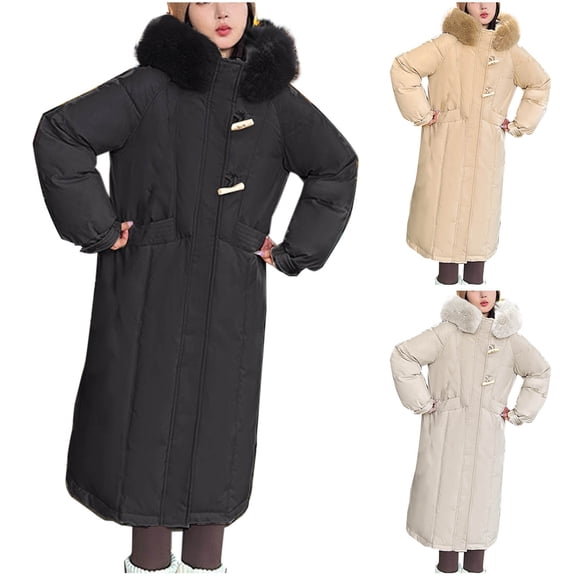 Women's Long Puffer Jacket Faux Fur Hooded Zip Up Horn Button Quilted Jackets with Pockets Thicken Casual Loose Solid Down Coat Winter Thermal Outerwear Coats