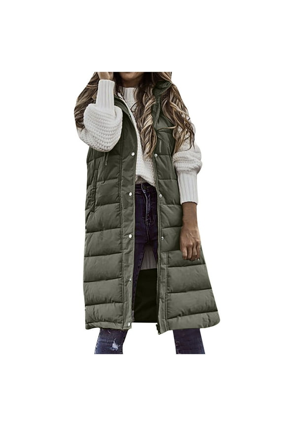 Women's Long Puffer Vest Cotton Sleeveless Puffy Jacket with Hood Side Zippers Mid Length Snap Zip Up Winter Coat (Small, Army Green)