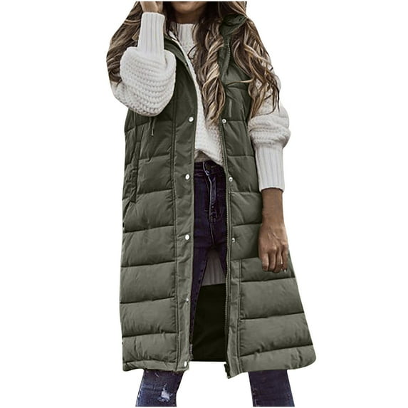 Women's Long Puffer Vest Cotton Sleeveless Puffy Jacket with Hood Side Zippers Mid Length Snap Zip Up Winter Coat (XX-Large, Army Green)