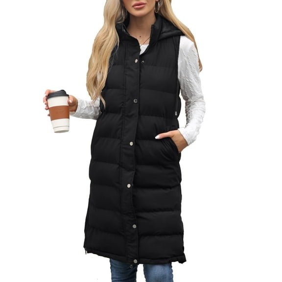 Women's Long Puffer Vest, Hooded Sleeveless Winter Coat Black L