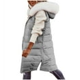 thumbnail image 1 of Women's Long Puffer Vest Hooded Sleeveless Zip Up Button Down Solid Color Winter Coat with Pockets Gray 2XL, 1 of 9