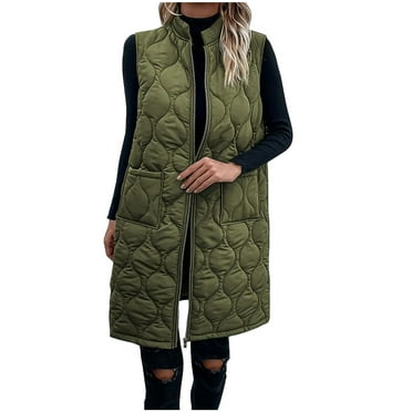Women's Long Puffer Vest, Lightweigh Zip Up Stand Collar Faux Down Sleeveless Warm Puffy Vest for Winter